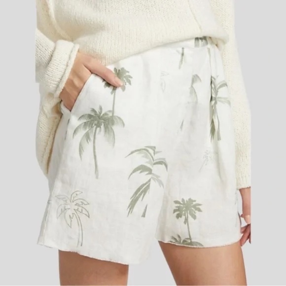 ATM Anthony Thomas Melillo Palm Print Linen Frayed Hem Pleated Shorts Size 8